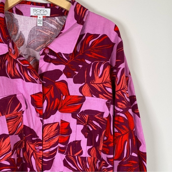 Sofia Vergara Tropical Palm Print Linen Button Down Tie Front Blouse Top‎ XL NWT - Picture 3 of 7